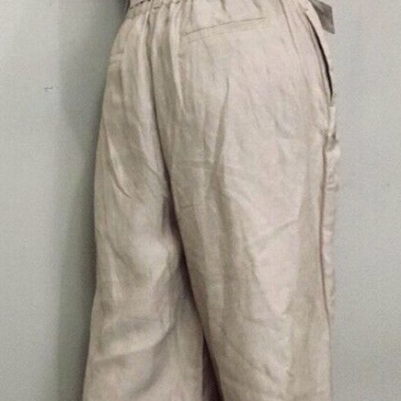 HALSTON Wide Leg Linen Blend Pants Beige Metallic Thread Elastic Waist Women's M - Picture 2 of 10